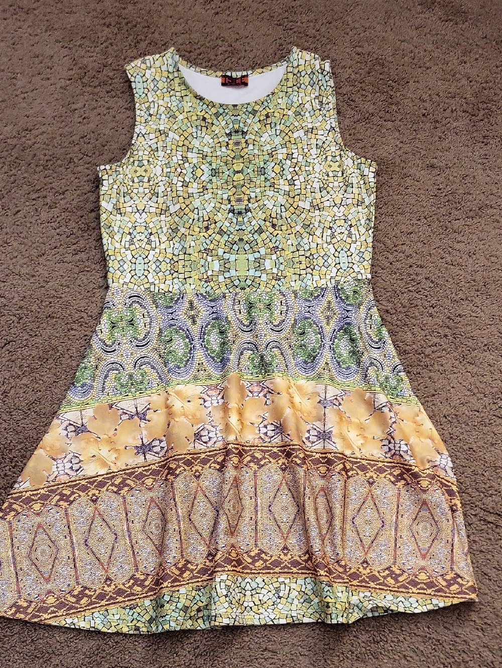 Sleeveless Mosaic-Print Mini Dress in Yellow and Green